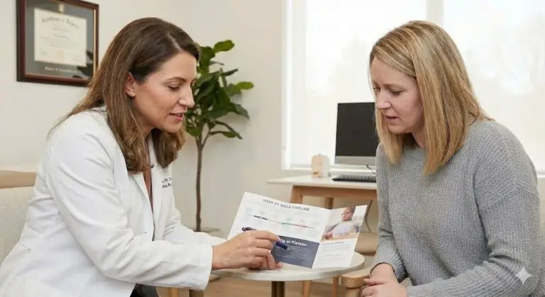 Dr. Cara Erkut MD explaining TMS therapy timeline and the temporary dip phenomenon during patient consultation at her Mercer Island psychiatric practice serving Seattle and Bellevue