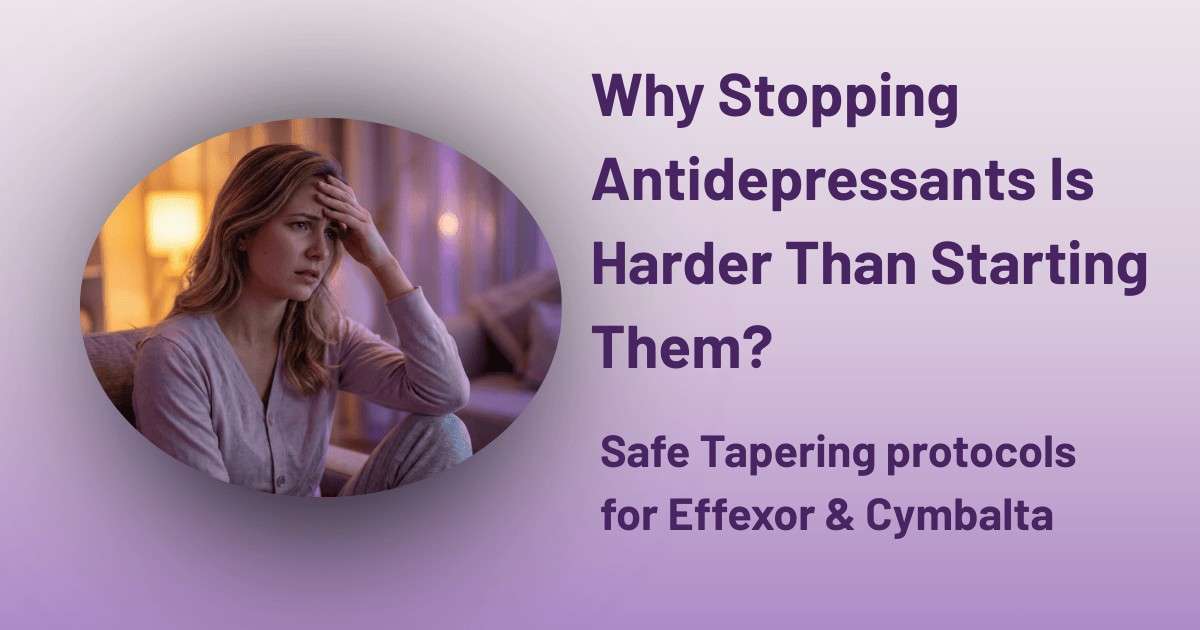 Woman experiencing antidepressant withdrawal symptoms like anxiety and stress while tapering off medication such as Effexor and Cymbalta