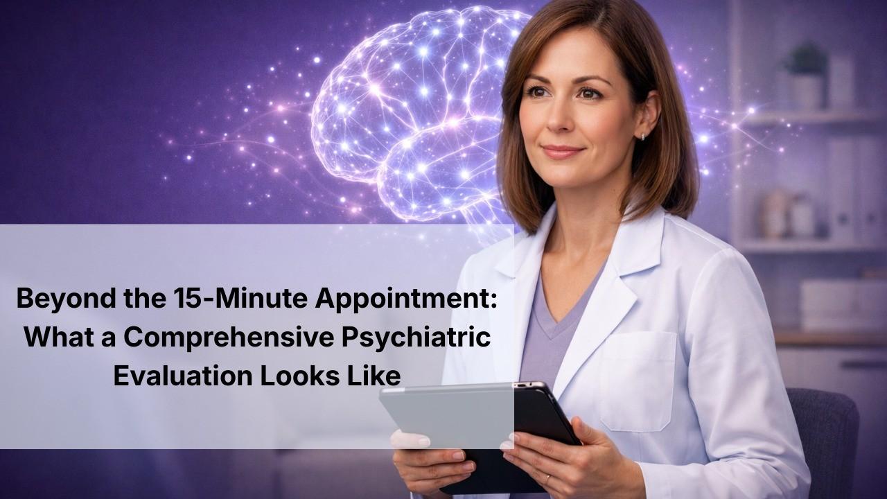 Comprehensive psychiatric evaluation with psychiatrist reviewing patient mental health assessment beyond 15-minute medication visit