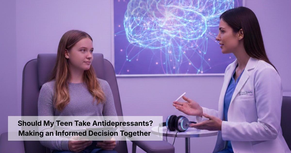 Teen girl consulting with psychiatrist about antidepressants for adolescent depression treatment decision