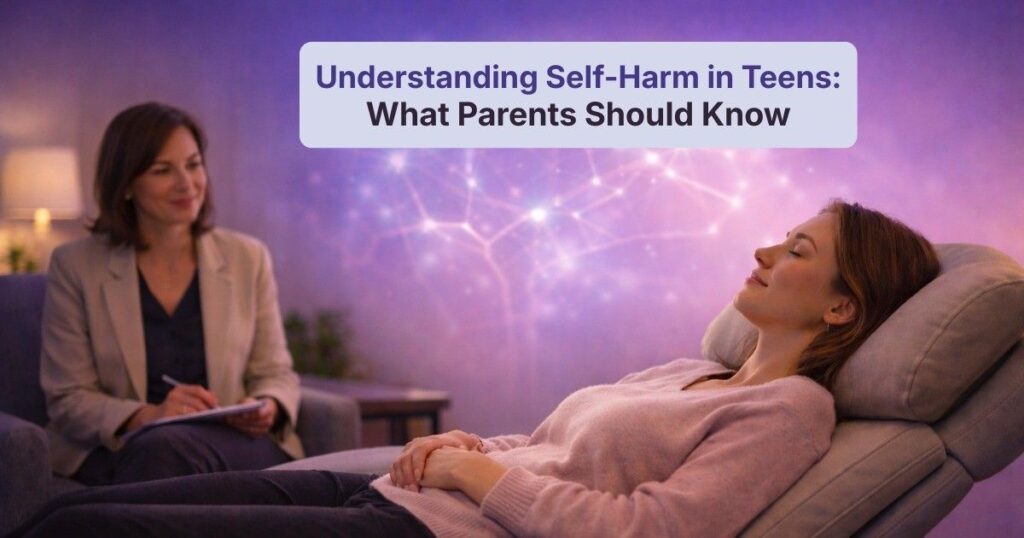 Teen girl in therapy session discussing self-harm with mental health therapist – understanding self-harm in adolescents