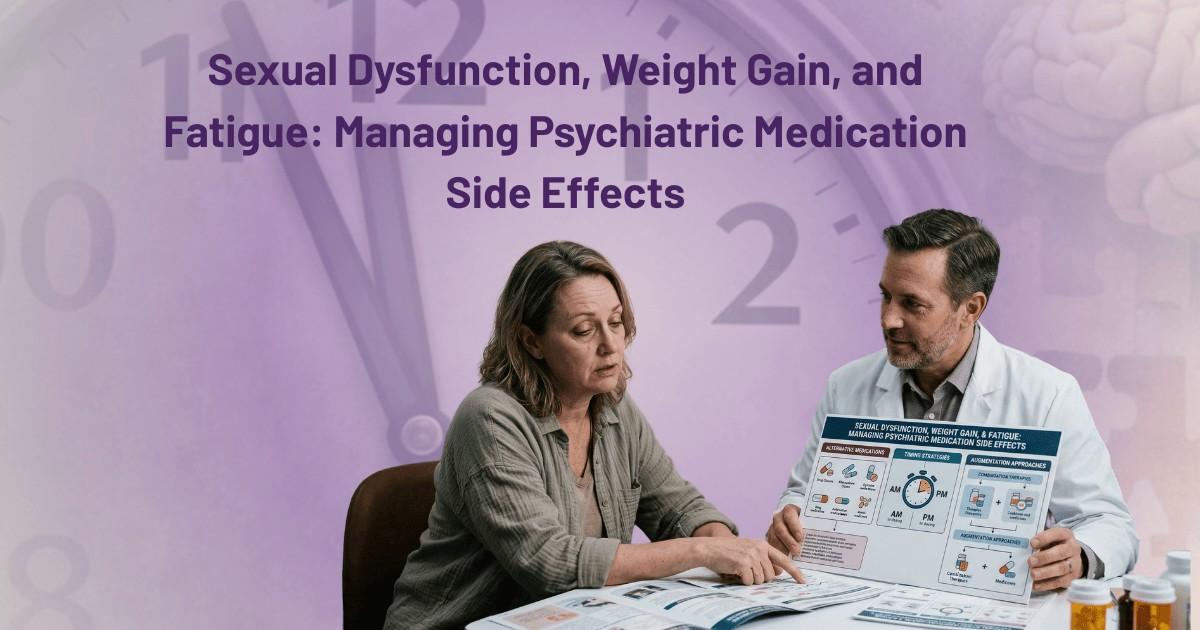Psychiatrist discussing antidepressant side effects like sexual dysfunction, weight gain, and fatigue with patient during medication management consultation