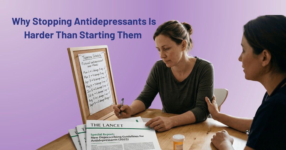 Woman reviewing antidepressant taper schedule with doctor while reading The Lancet 2025 study on safe antidepressant withdrawal and hyperbolic tapering